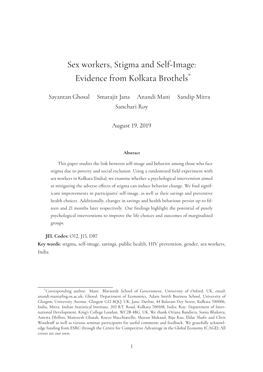 Sex Workers, Stigma and Self-Image: Evidence from Kolkata Brothels*