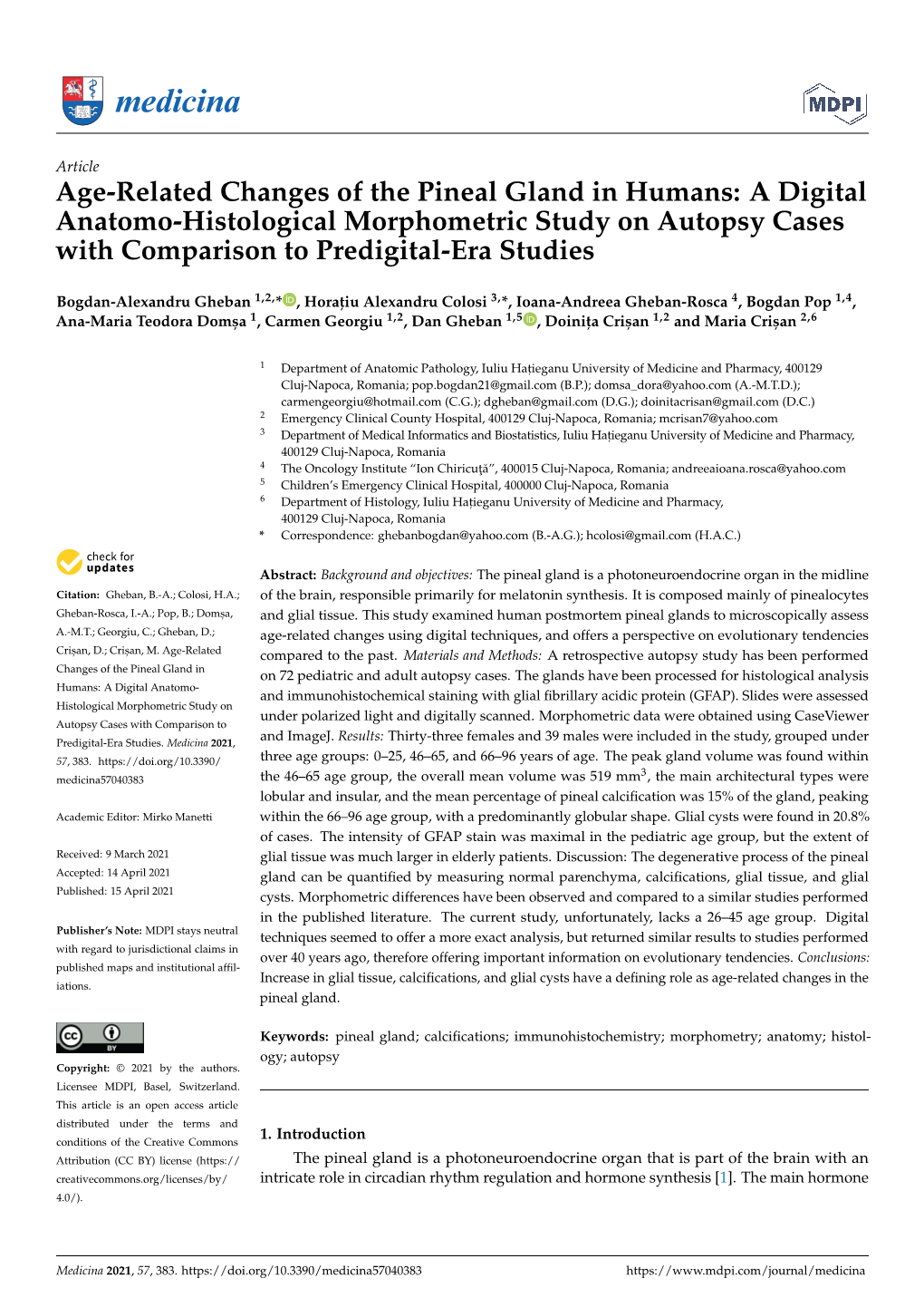 Age-Related Changes of the Pineal Gland in Humans: a Digital Anatomo-Histological Morphometric Study on Autopsy Cases with Comparison to Predigital-Era Studies