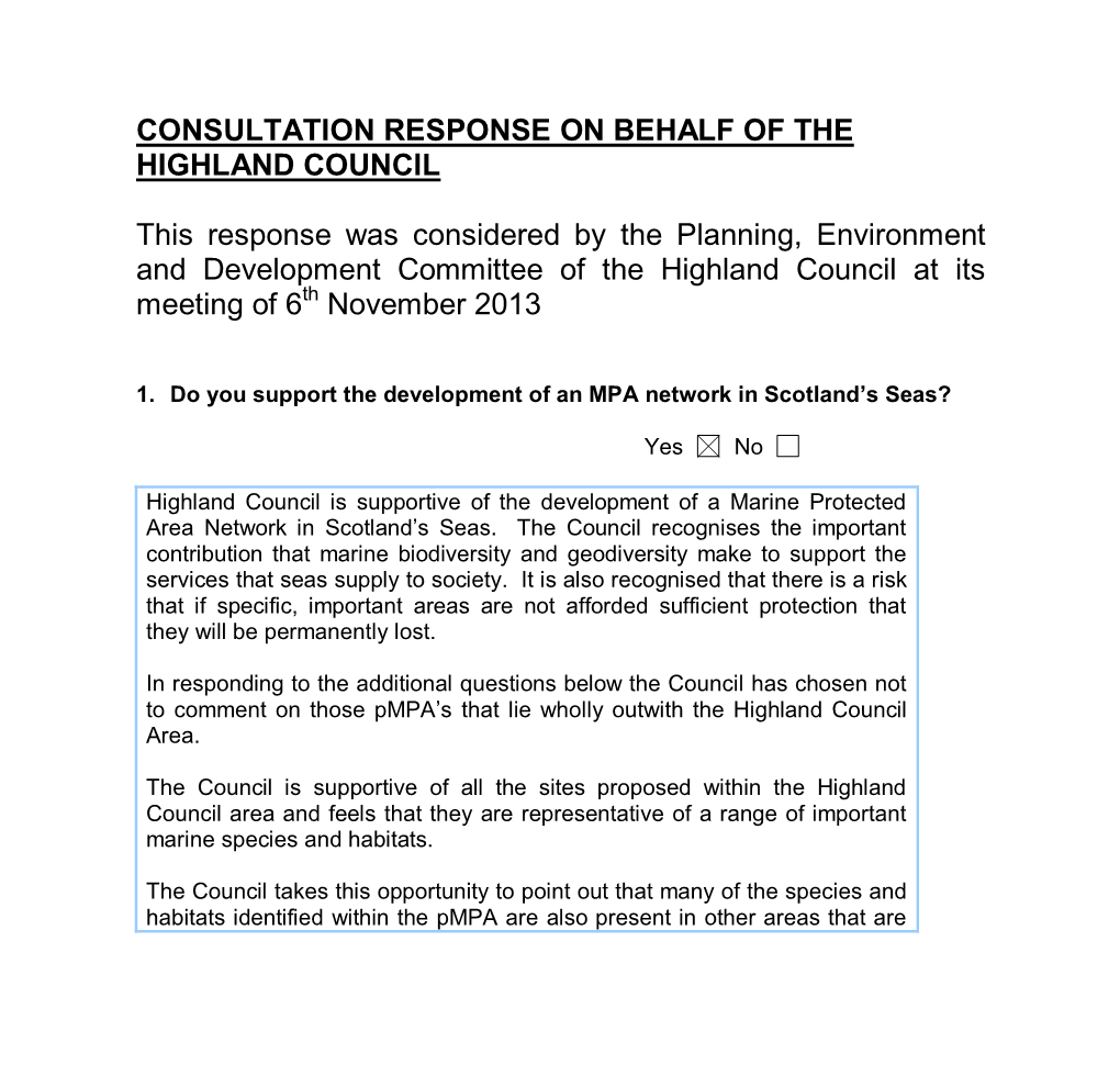 Consultation Response on Behalf of the Highland Council