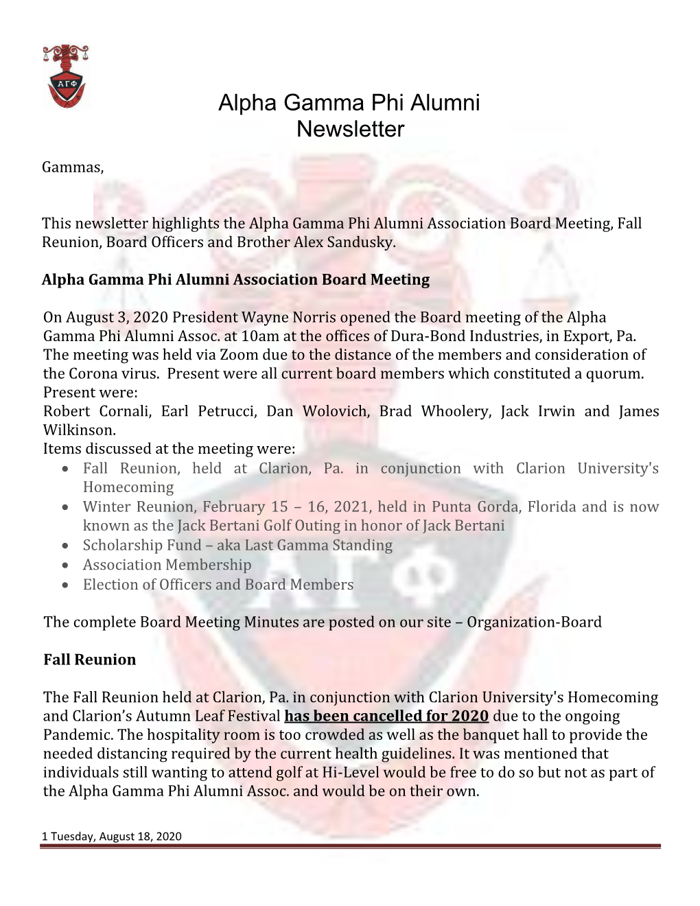 Alpha Gamma Phi Alumni Newsletter