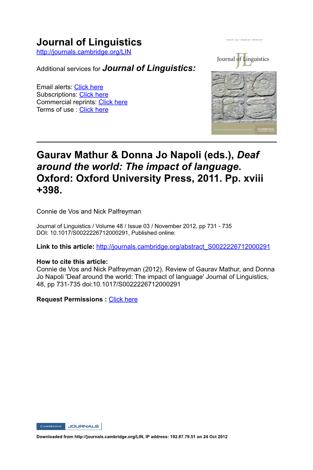 Journal of Linguistics Gaurav Mathur & Donna Jo Napoli (Eds.), Deaf