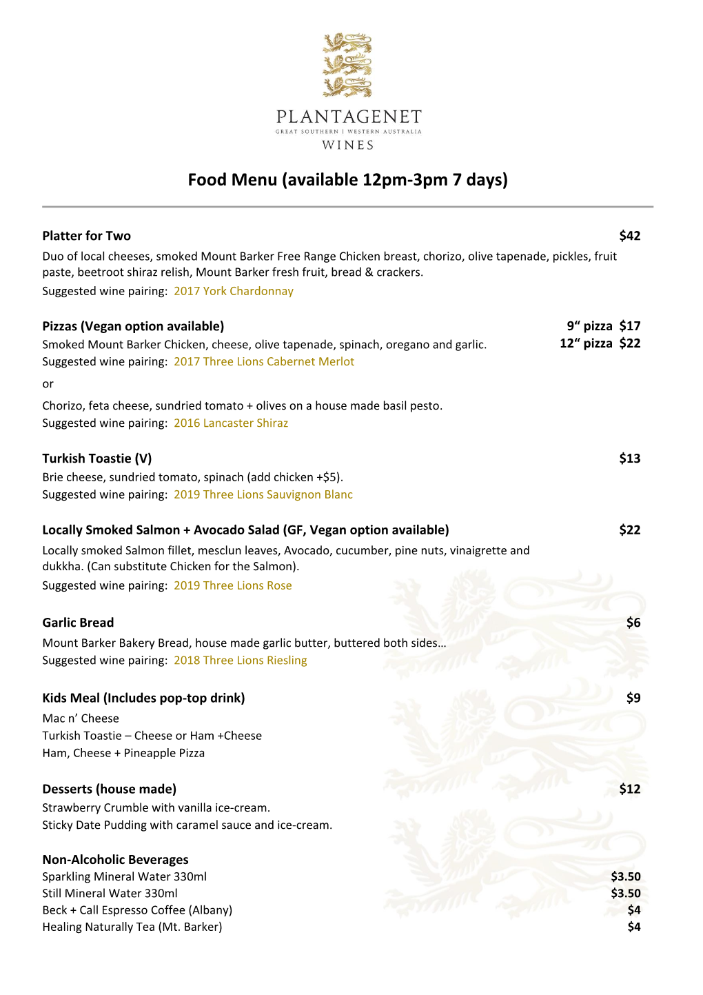 Food Menu (Available 12Pm-3Pm 7 Days)