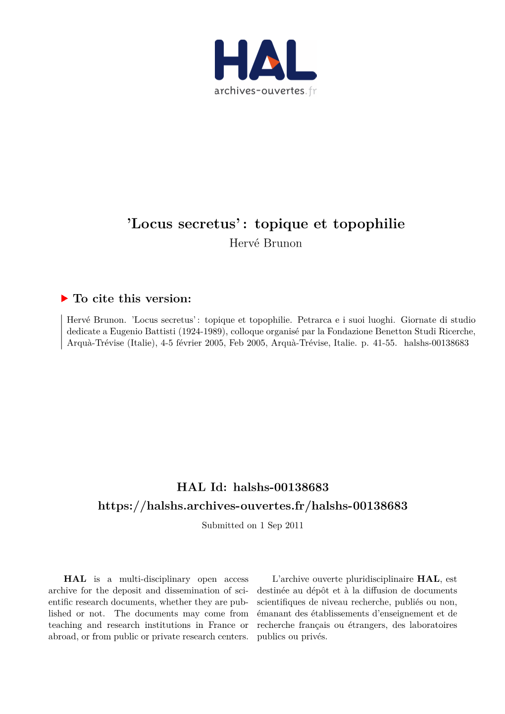 Locus Secretus’ : Topique Et Topophilie Hervé Brunon