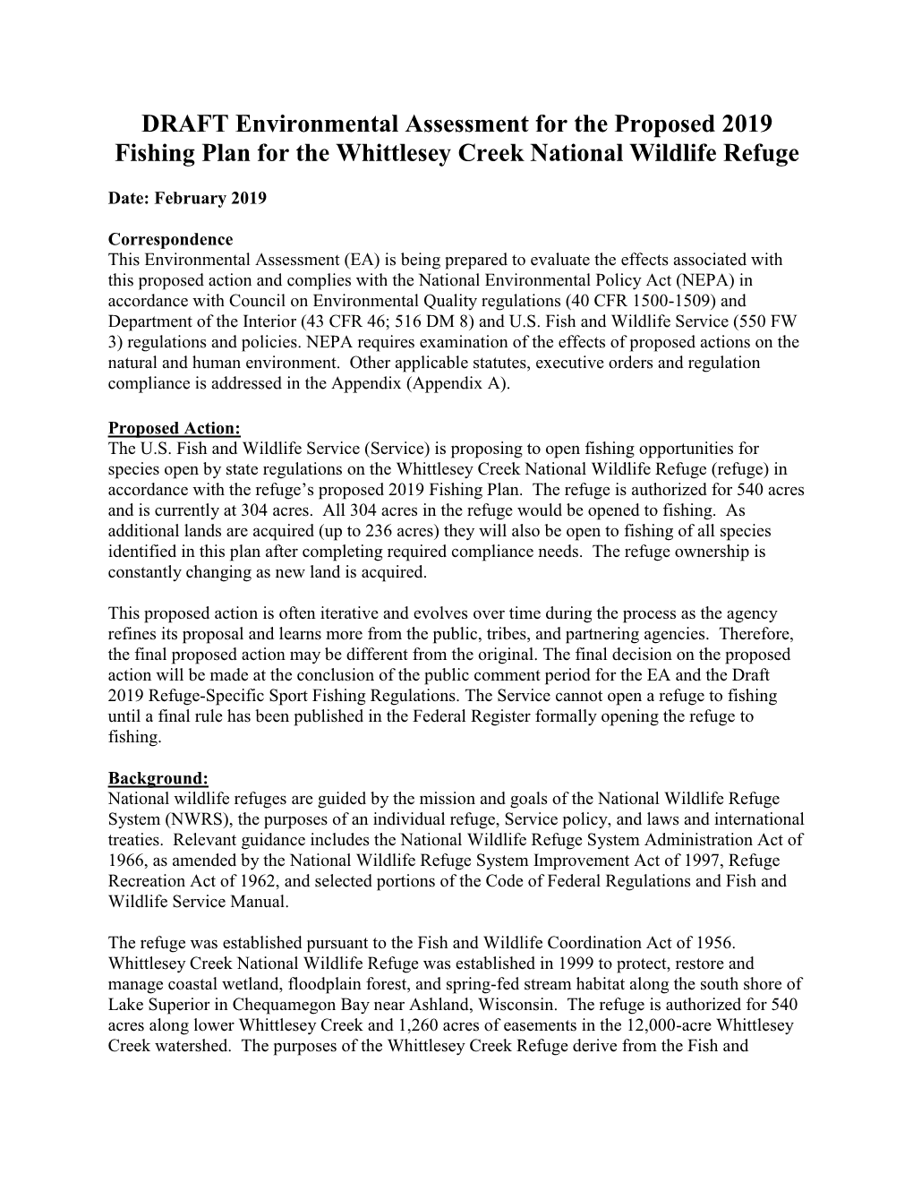 DRAFT Environmental Assessment for the Proposed 2019 Fishing Plan for the Whittlesey Creek National Wildlife Refuge