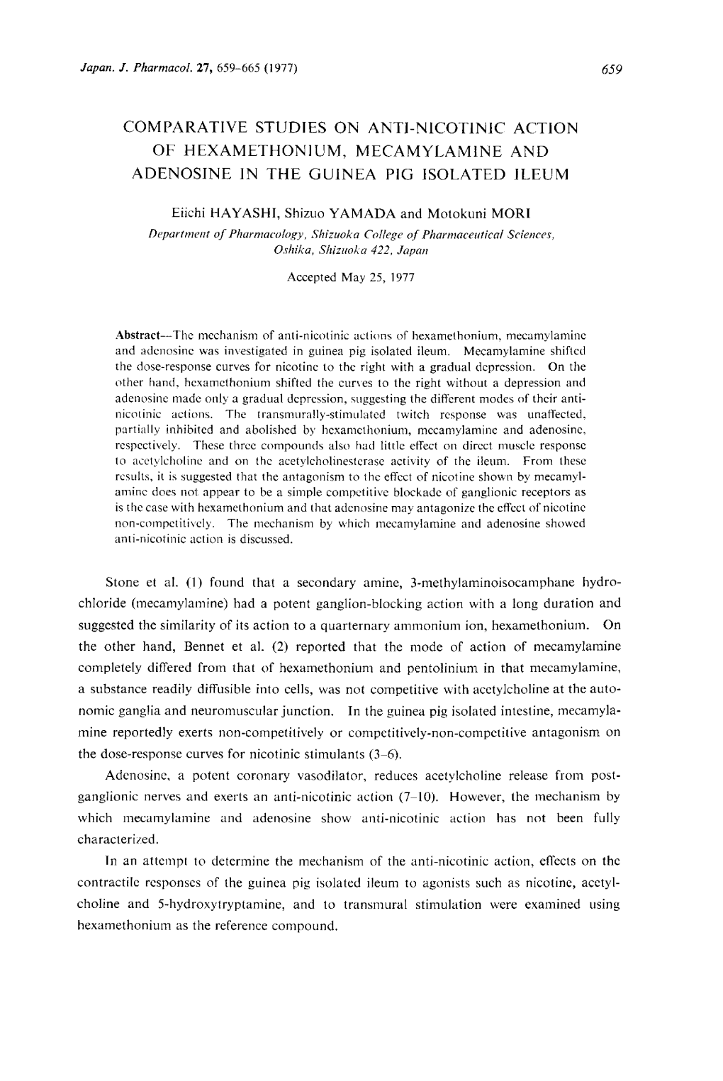 Mecamylamine and Adenosine in the Guinea Pig Isolated Ileum