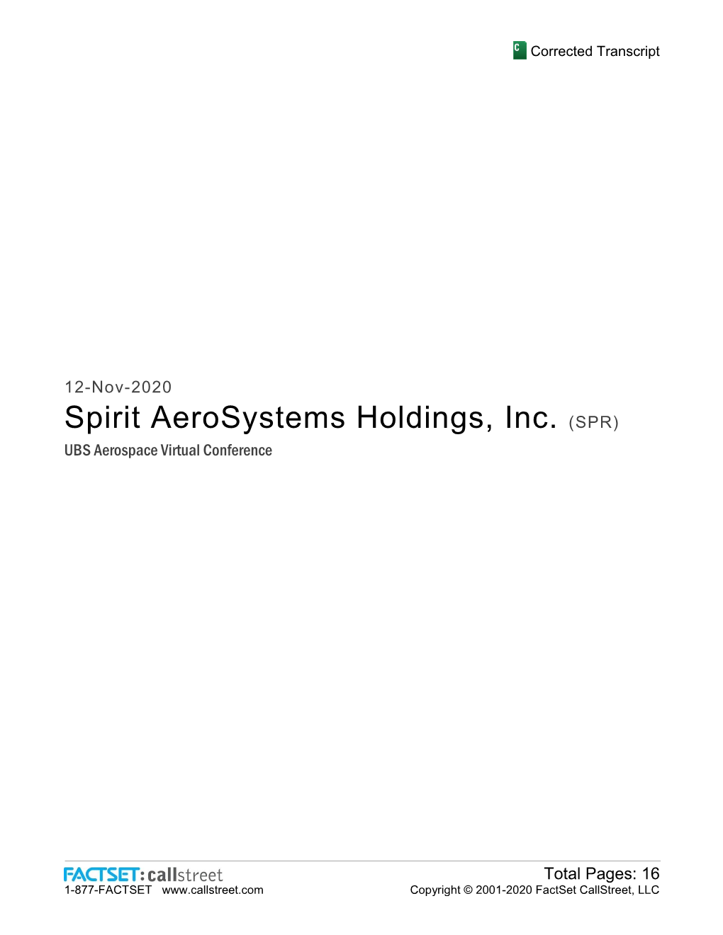Spirit Aerosystems Holdings, Inc. (SPR) UBS Aerospace Virtual Conference