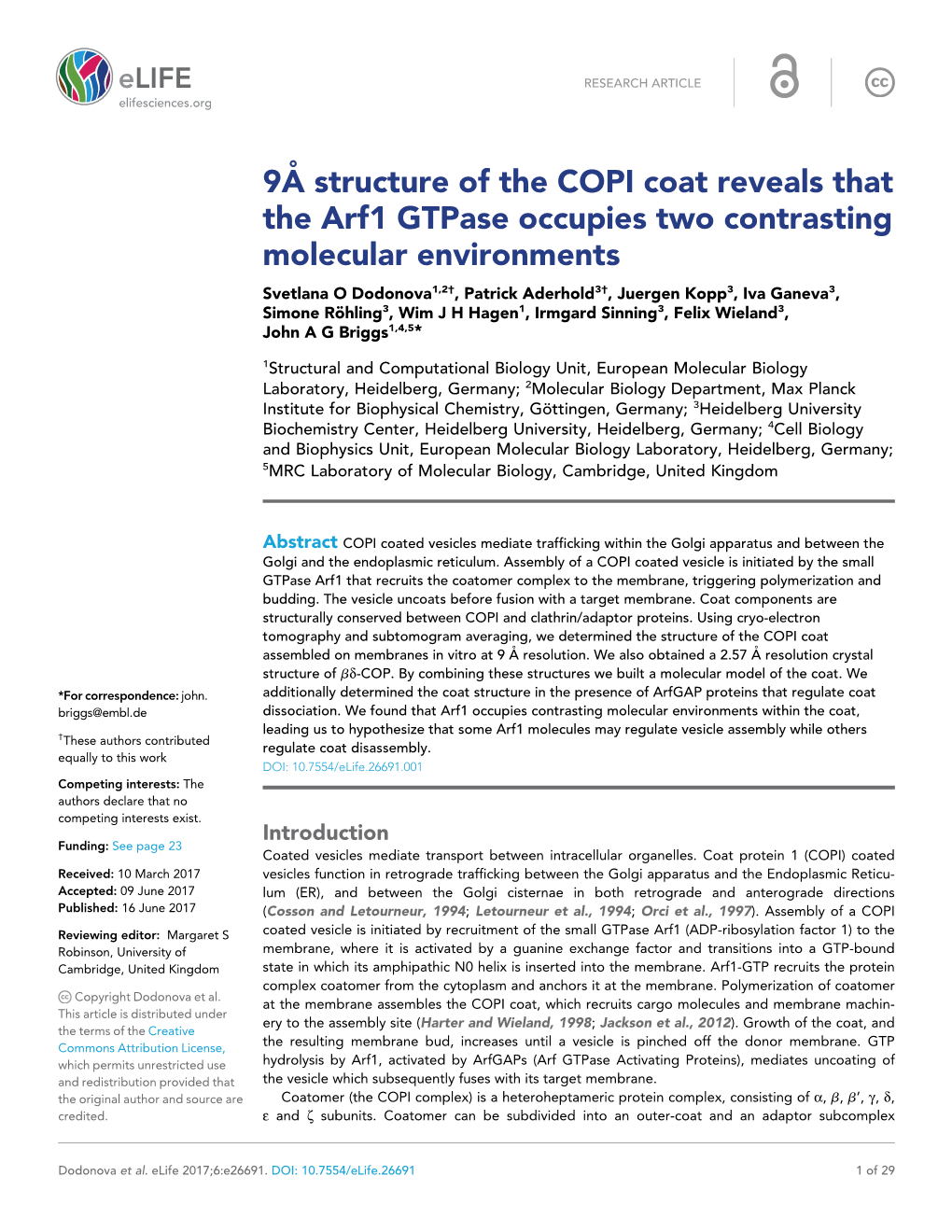 9A˚Structure of the COPI Coat Reveals That the Arf1