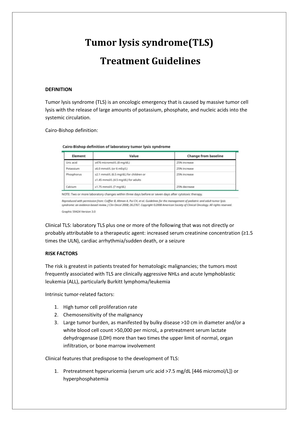 Tumor Lysis Syndrome(TLS) Treatment Guidelines