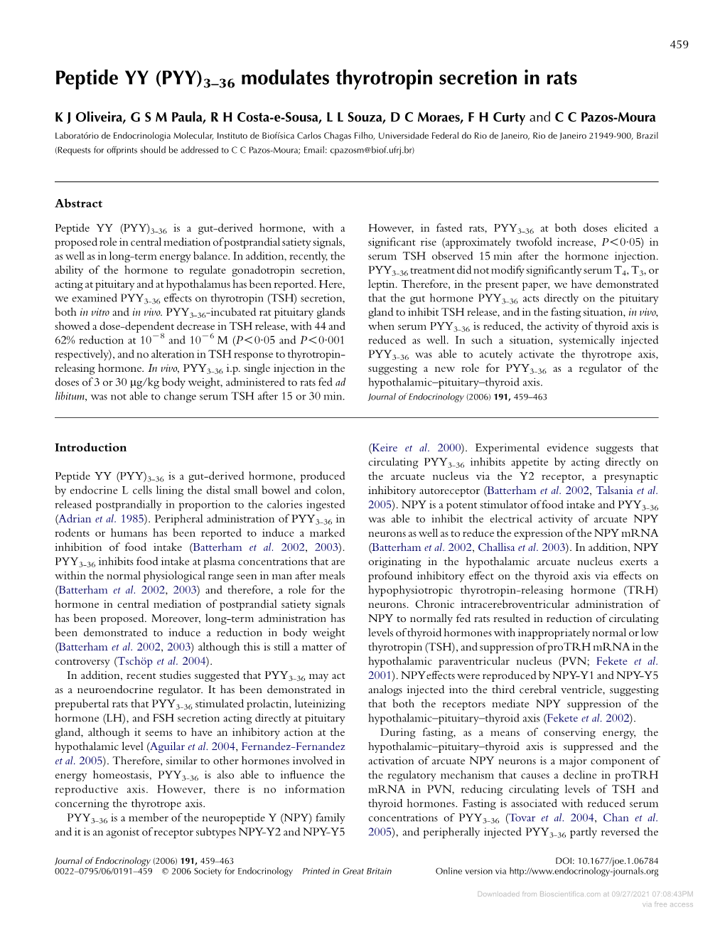 Peptide YY (PYY)3–36 Modulates Thyrotropin Secretion in Rats