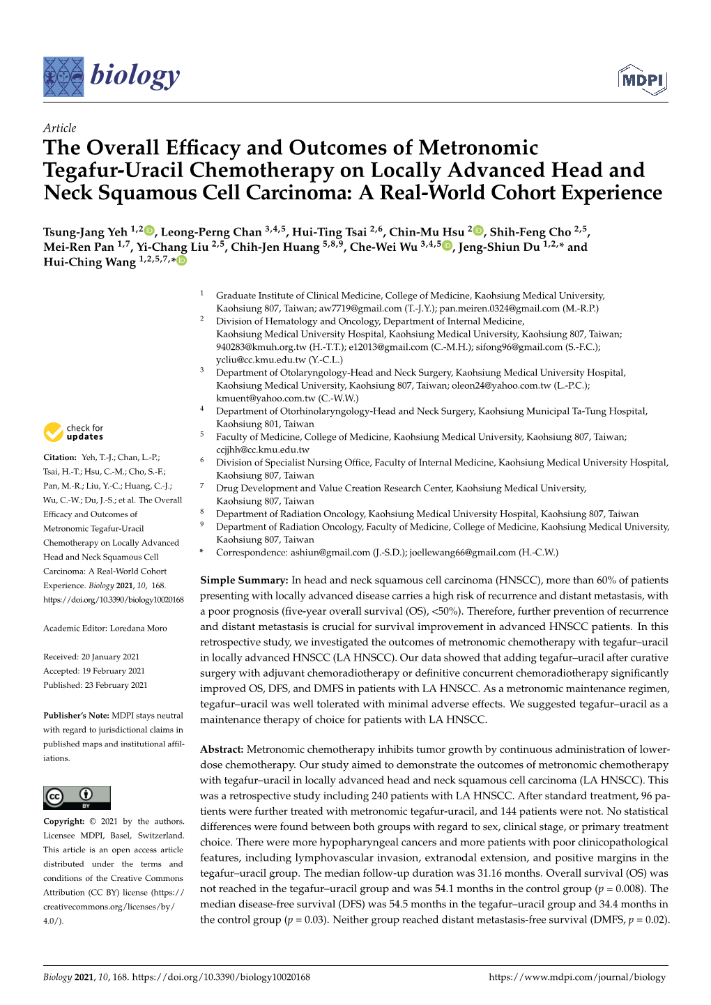 The Overall Efficacy and Outcomes of Metronomic Tegafur-Uracil