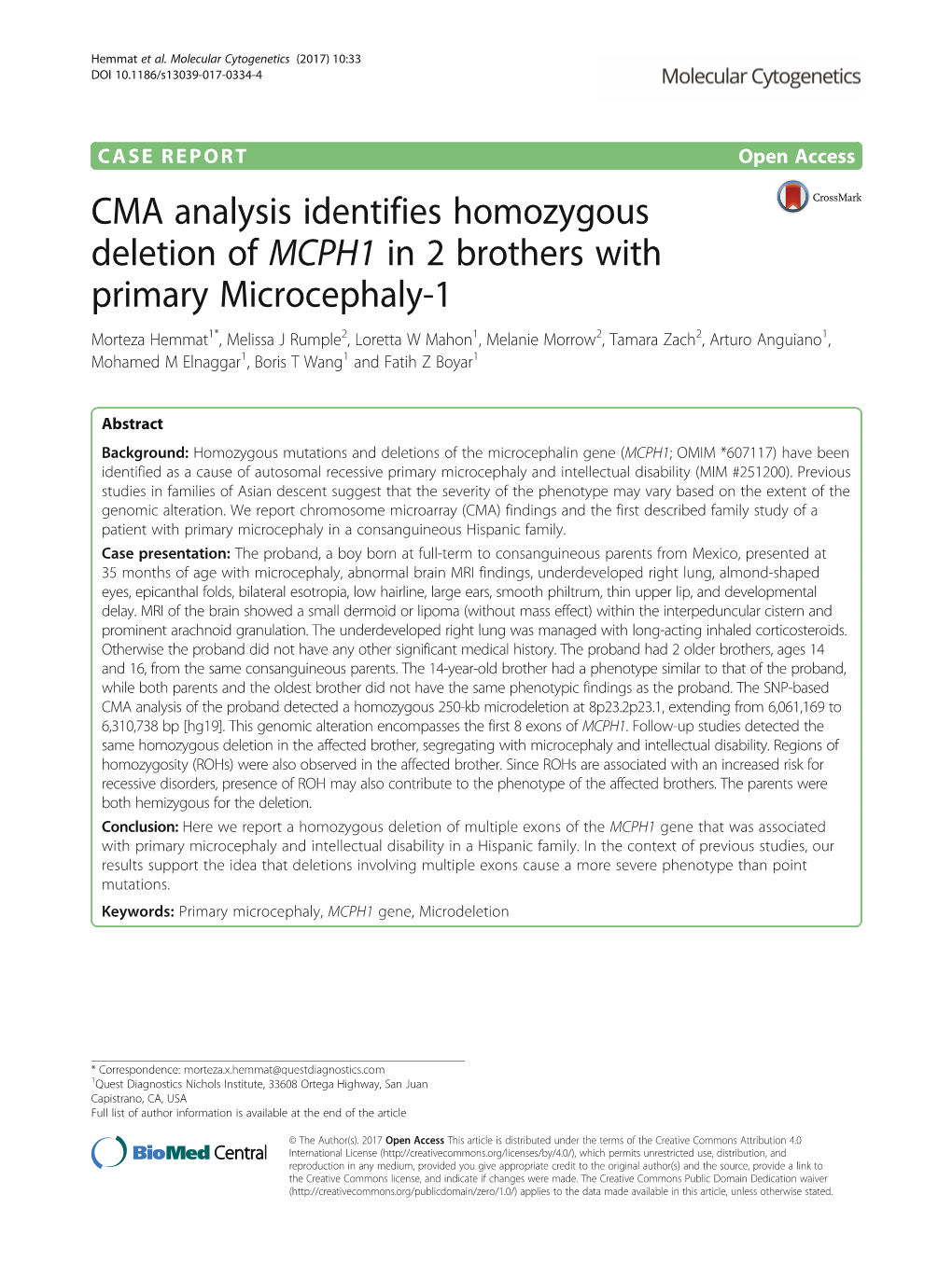 CMA Analysis Identifies Homozygous Deletion of MCPH1 in 2 Brothers with Primary Microcephaly-1