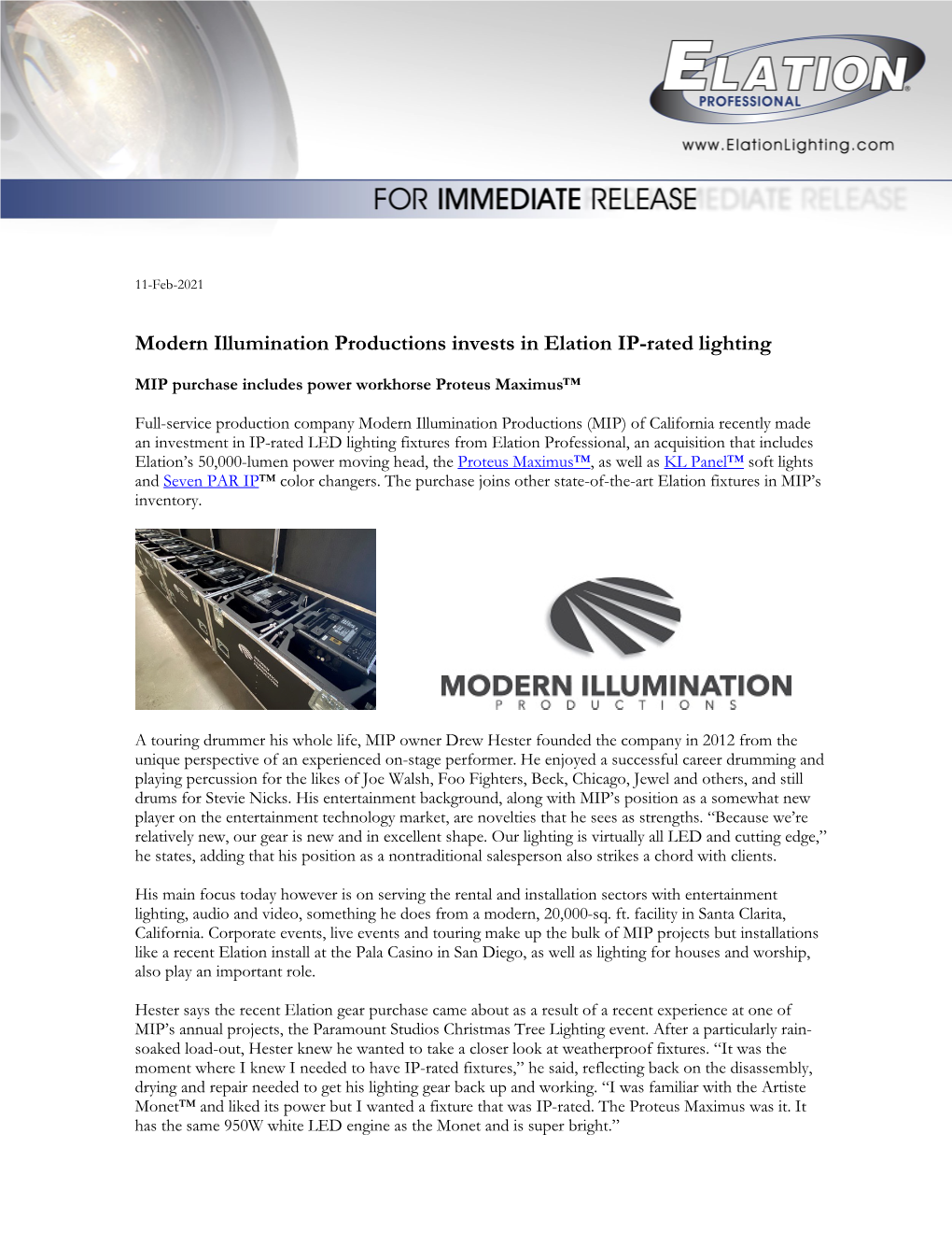 Modern Illumination Productions Invests in Elation IP-Rated Lighting