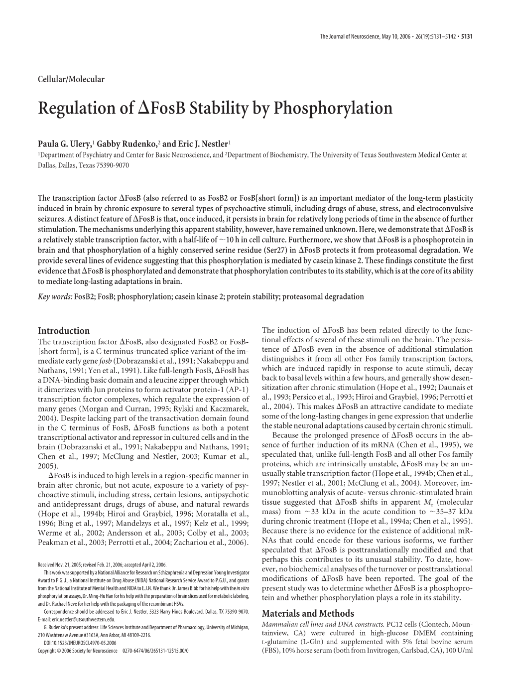 Regulation of Fosb Stability by Phosphorylation