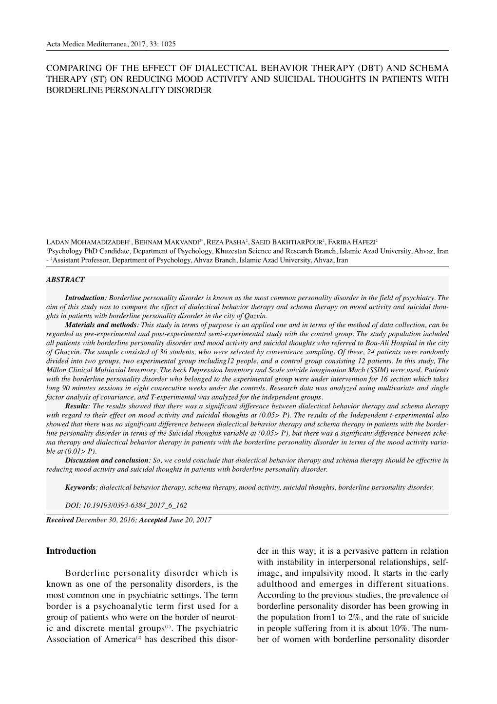 (Dbt) and Schema Therapy (St) on Reducing Mood Activity and Suicidal Thoughts in Patients with Borderline Personality Disorder