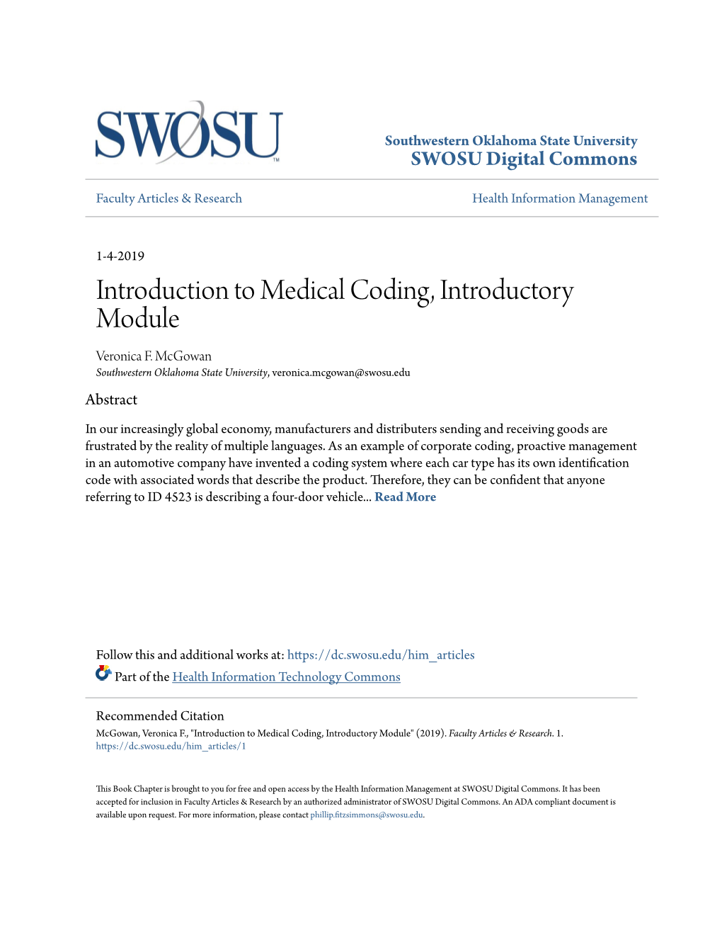 Introduction to Medical Coding, Introductory Module Veronica F