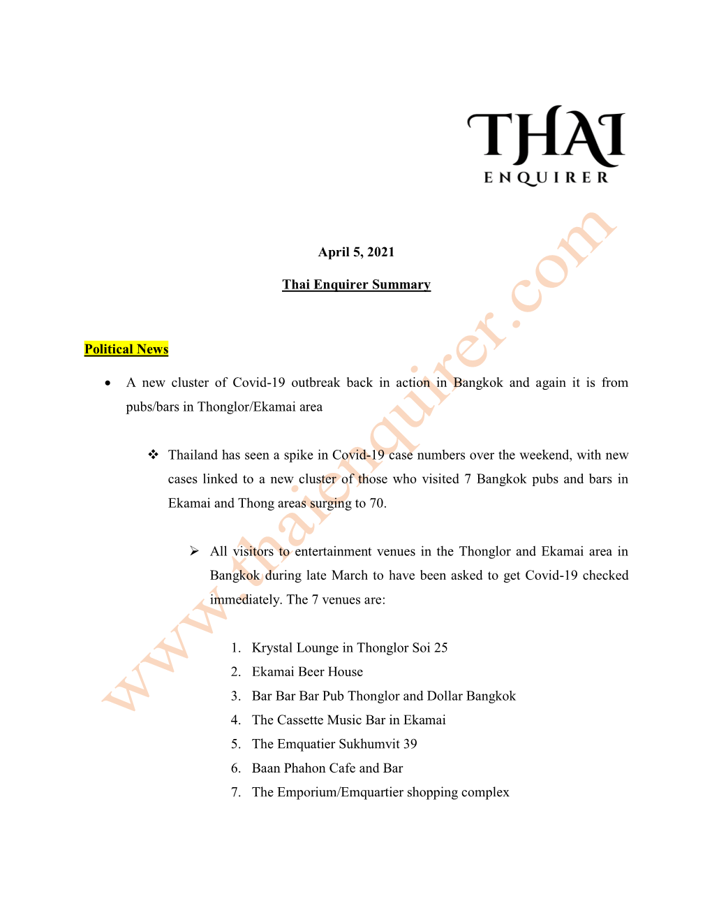 April 5, 2021 Thai Enquirer Summary Political News • a New Cluster Of