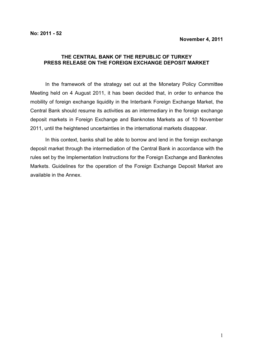 Press Release on the Foreign Exchange Deposit Market