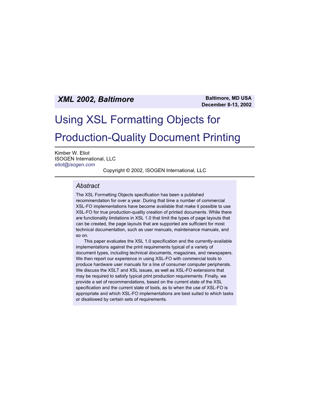 Using XSL Formatting Objects for Production-Quality Document Printing
