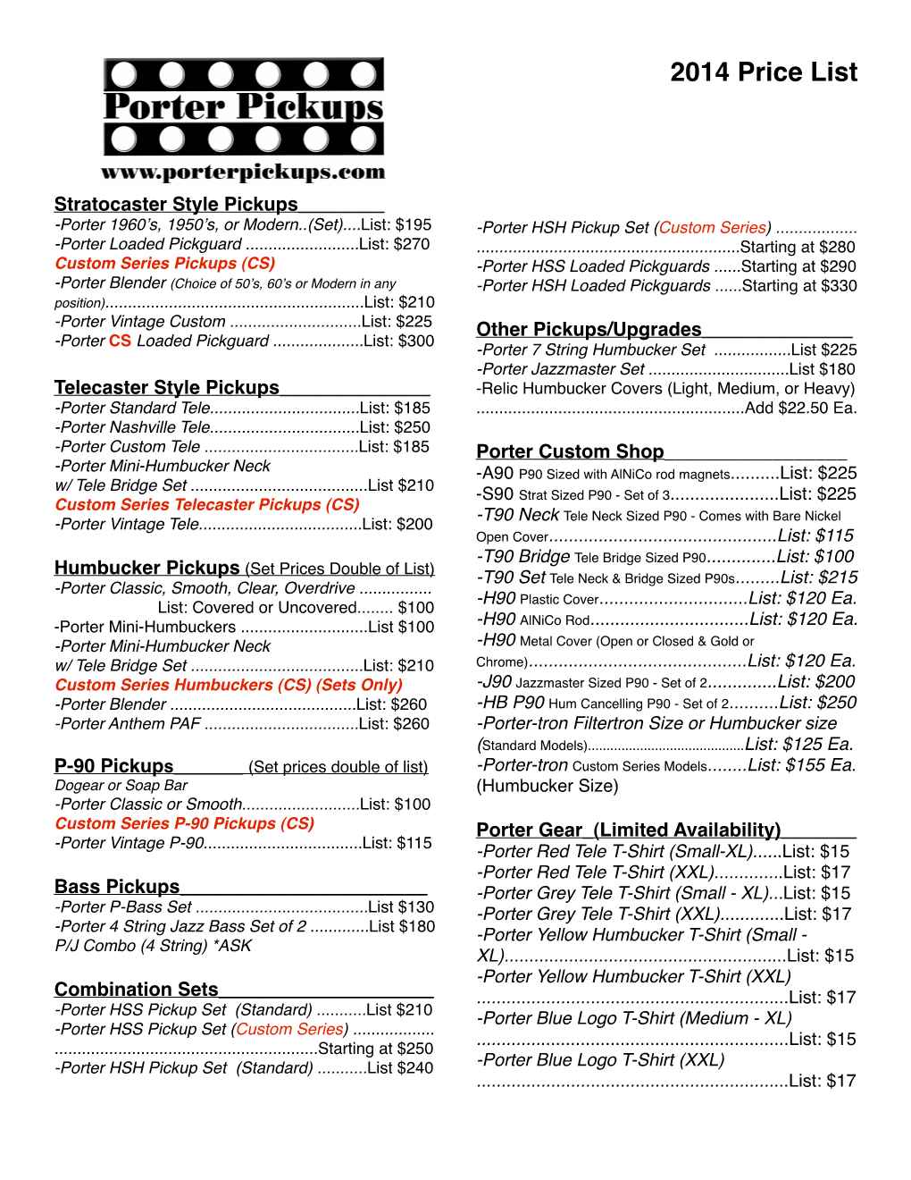 2014 Price List