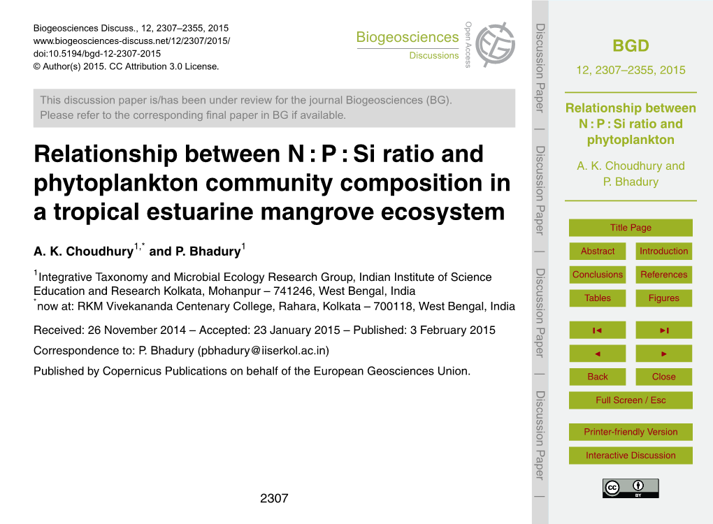 Relationship Between N:P:Si Ratio and Phytoplankton