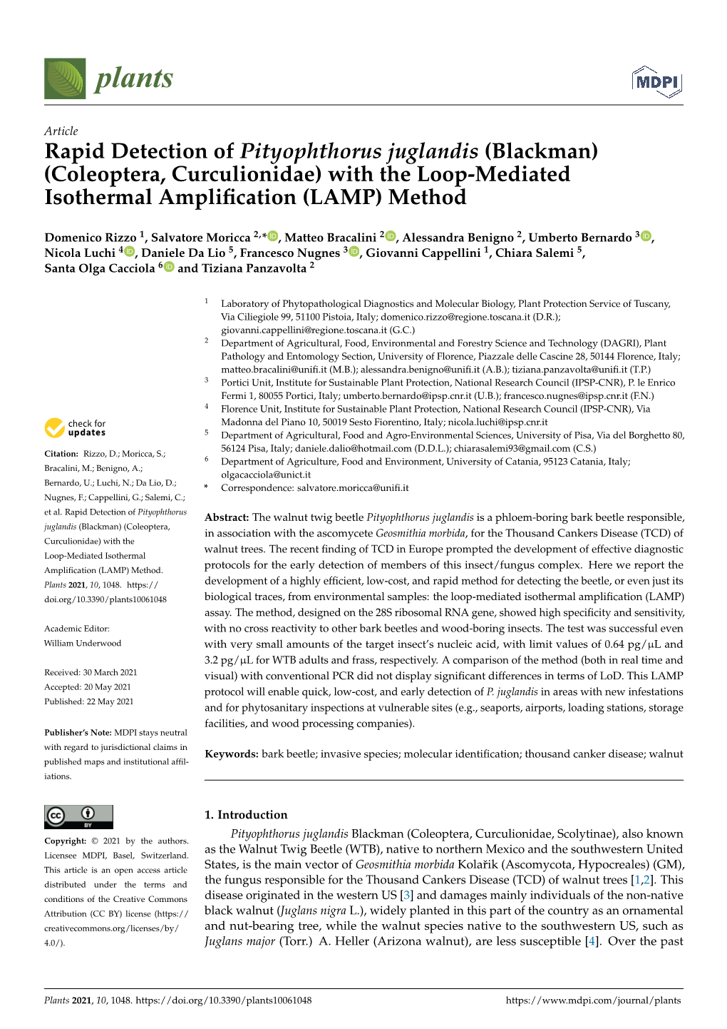 Rapid Detection of Pityophthorus Juglandis (Blackman) (Coleoptera, Curculionidae) with the Loop-Mediated Isothermal Ampliﬁcation (LAMP) Method