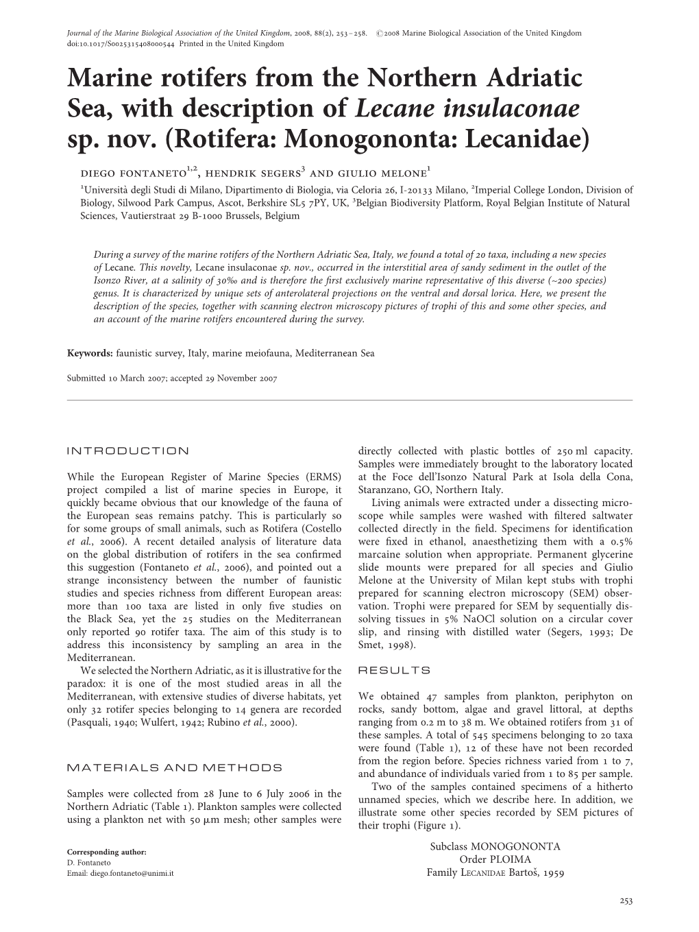 Marine Rotifers from the Northern Adriatic Sea, with Description of Lecane Insulaconae Sp