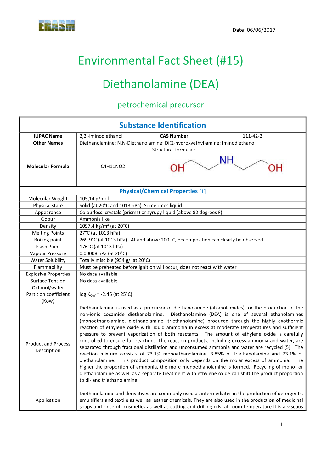 Environmental Fact Sheet (#15) Diethanolamine (DEA)