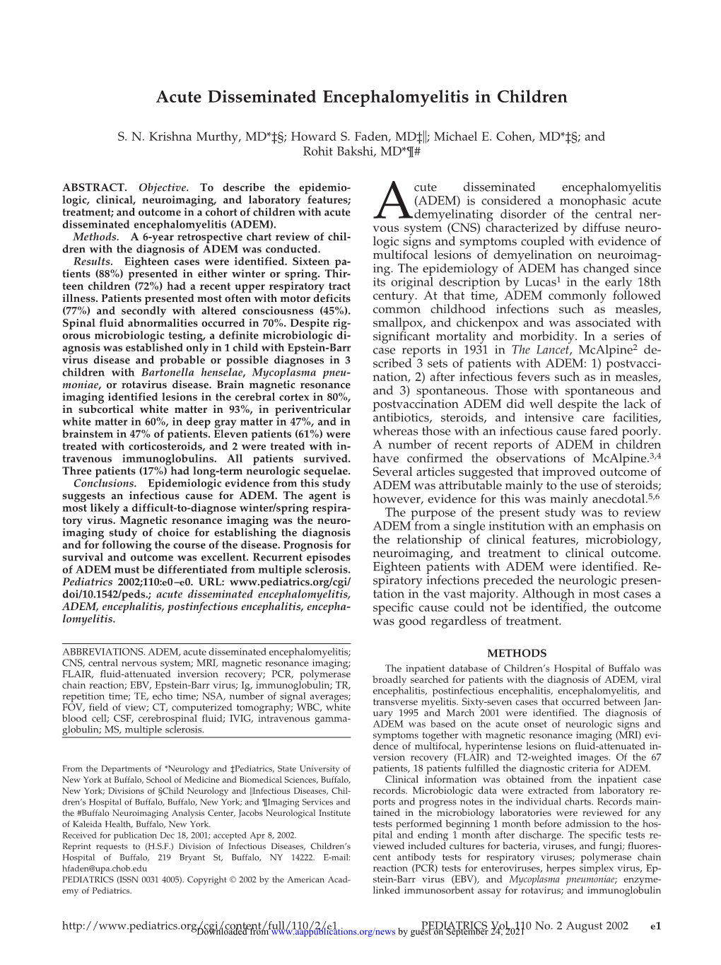 Acute Disseminated Encephalomyelitis in Children