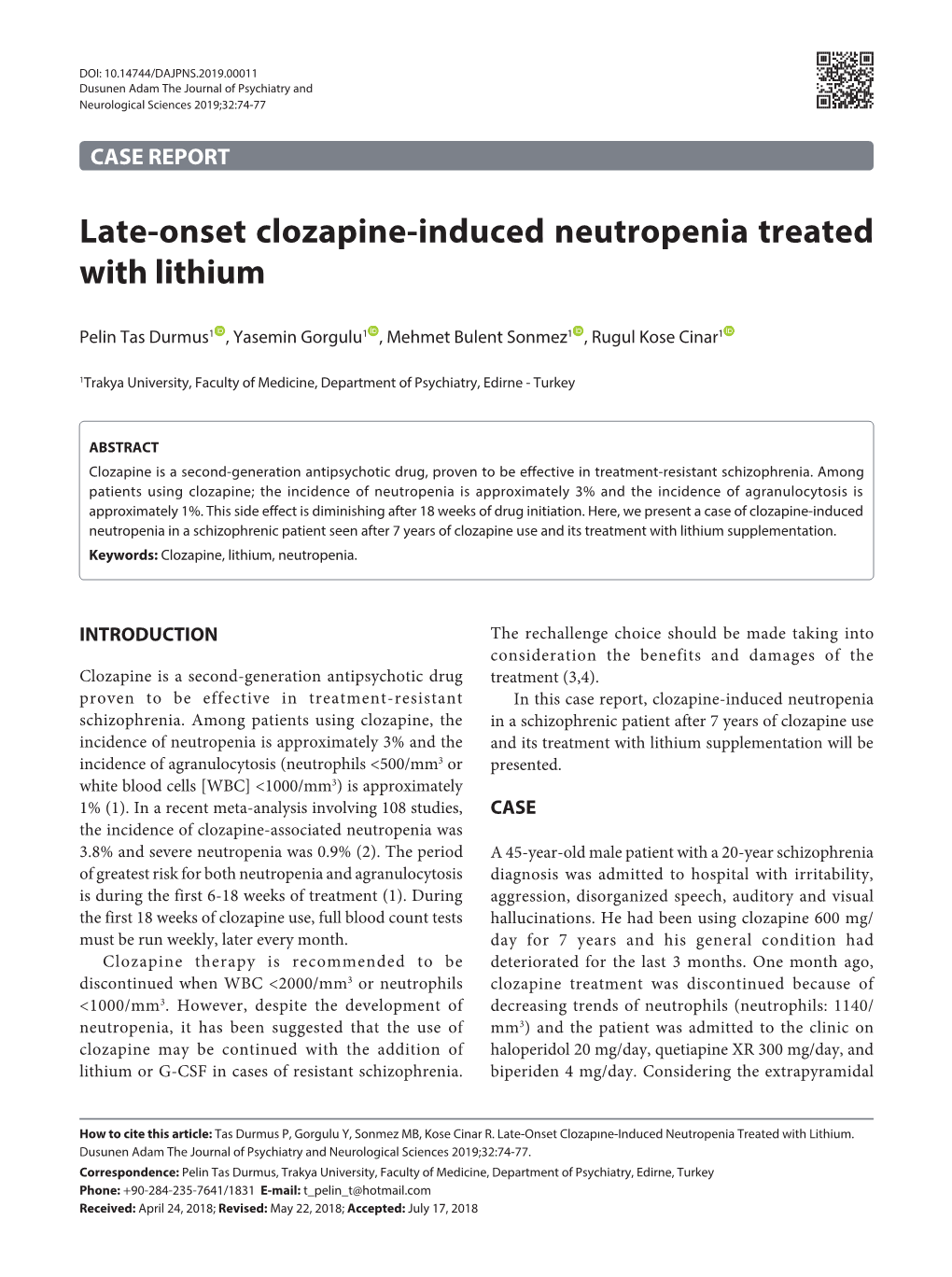 Late-Onset Clozapine-Induced Neutropenia Treated with Lithium