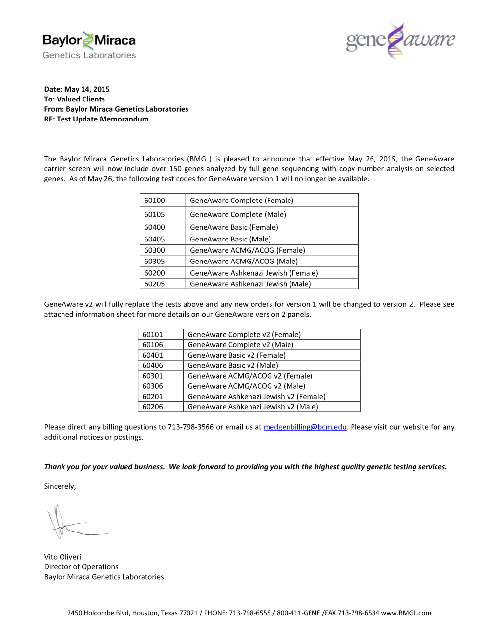 Baylor Miraca Genetics Laboratories RE: Test Update Memorandum