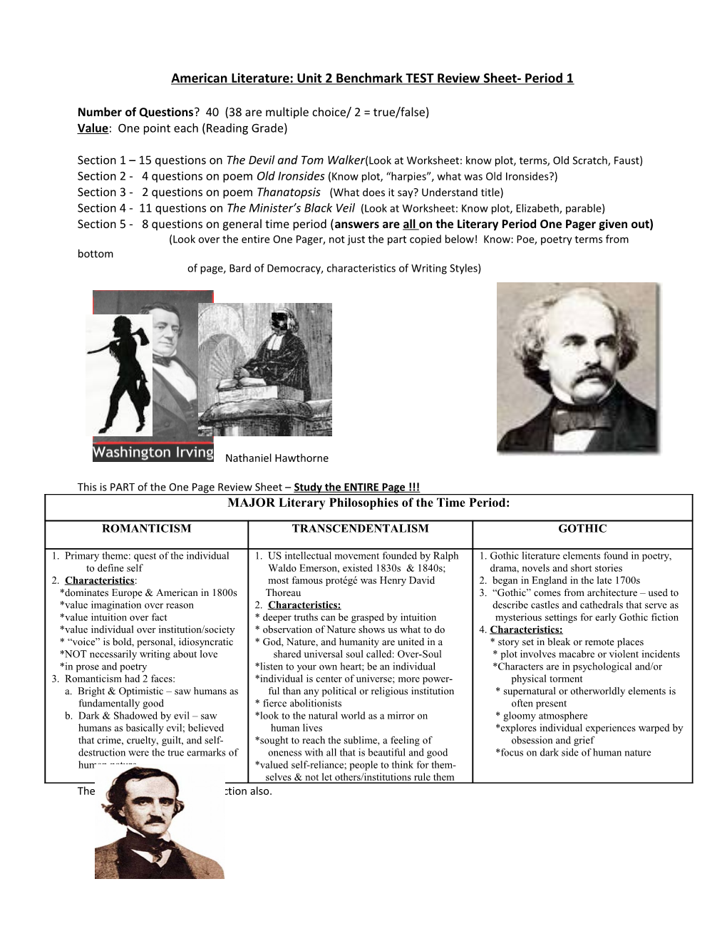 American Literature: Unit 2 Benchmark TEST Review Sheet- Period 1