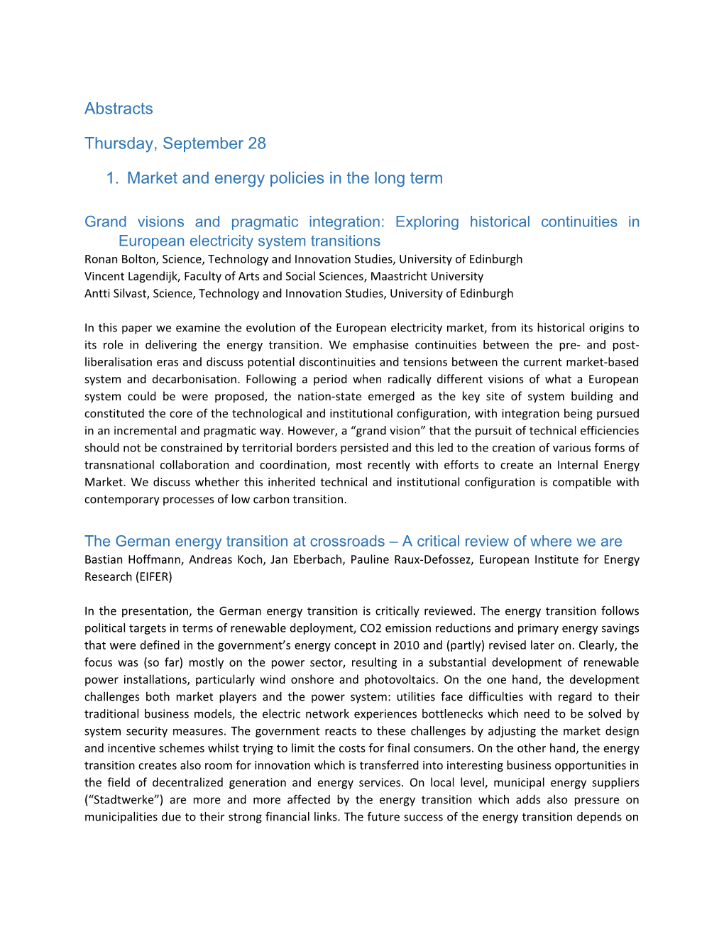 1. Market and Energy Policies in the Long Term