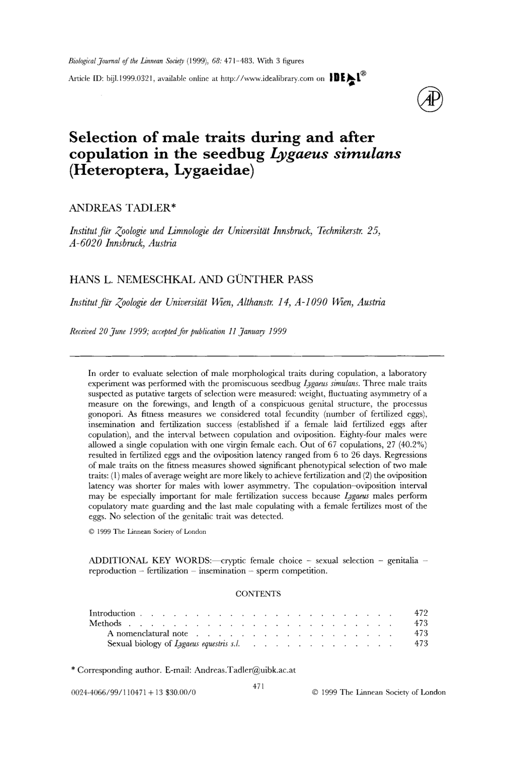 Selection of Male Traits During and After Copulation in the Seedbug Lygaeus Simulans (Heteroptera, Lygaeidae)