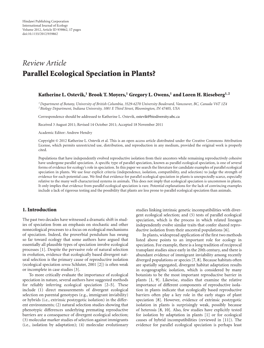 Parallel Ecological Speciation in Plants?