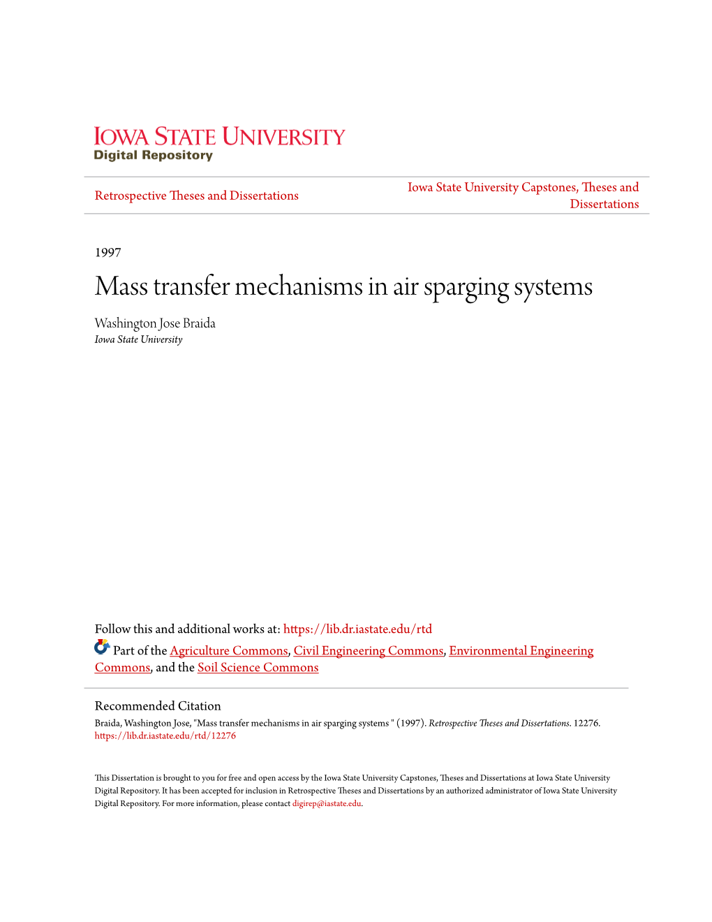 Mass Transfer Mechanisms in Air Sparging Systems Washington Jose Braida Iowa State University