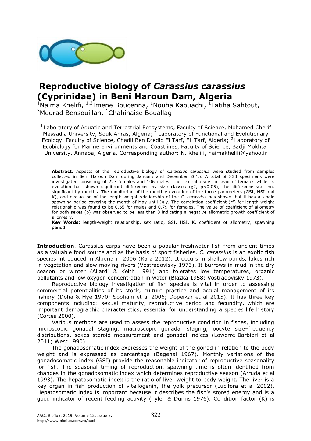 Reproductive Biology of Carassius Carassius (Cyprinidae) in Beni