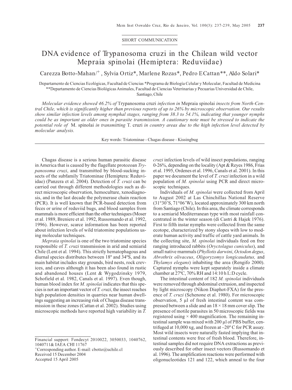 DNA Evidence of Trypanosoma Cruzi in the Chilean Wild Vector Mepraia