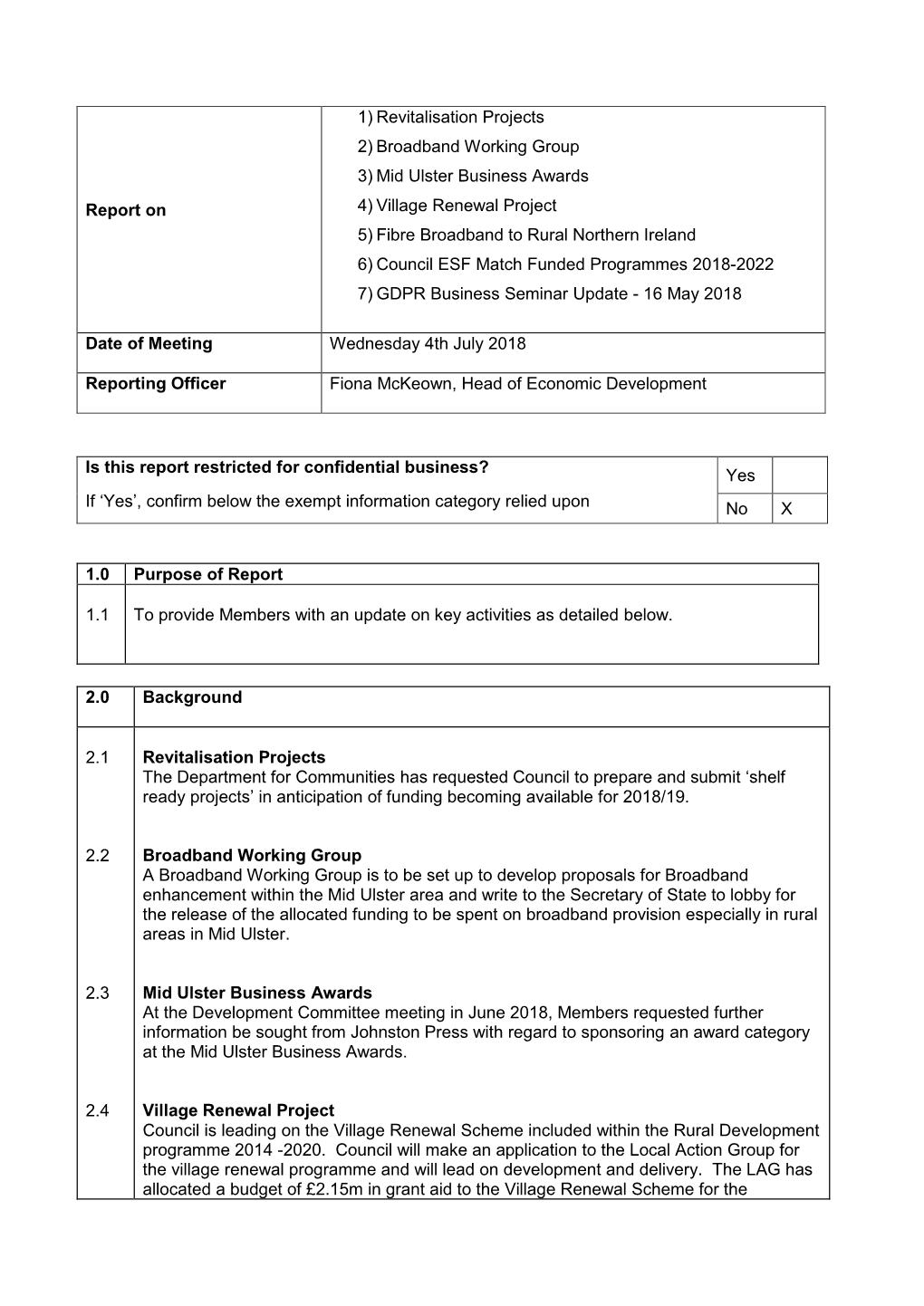 Report on 1) Revitalisation Projects 2) Broadband Working Group 3) Mid