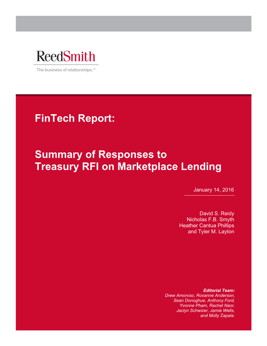 Fintech Report – Summary of Responses to Treasury RFI on Marketplace Lending