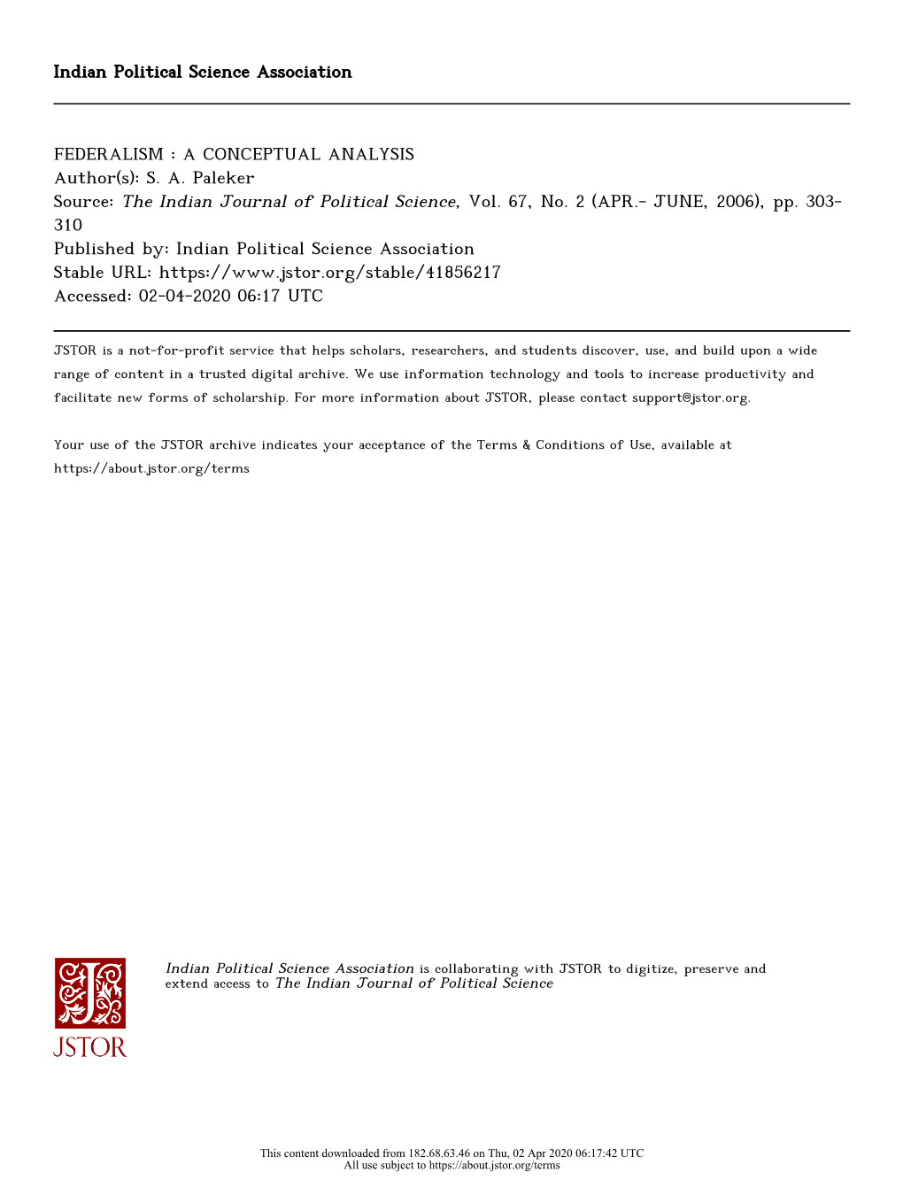 FEDERALISM : a CONCEPTUAL ANALYSIS Author(S): S