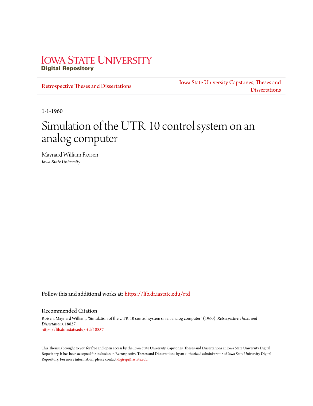 Simulation of the UTR-10 Control System on an Analog Computer Maynard William Roisen Iowa State University