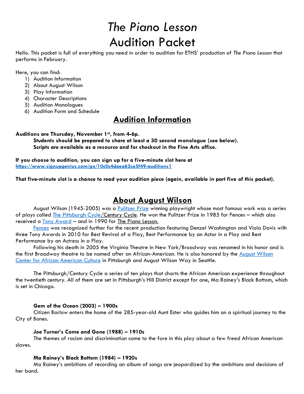 The Piano Lesson Audition Packet Hello