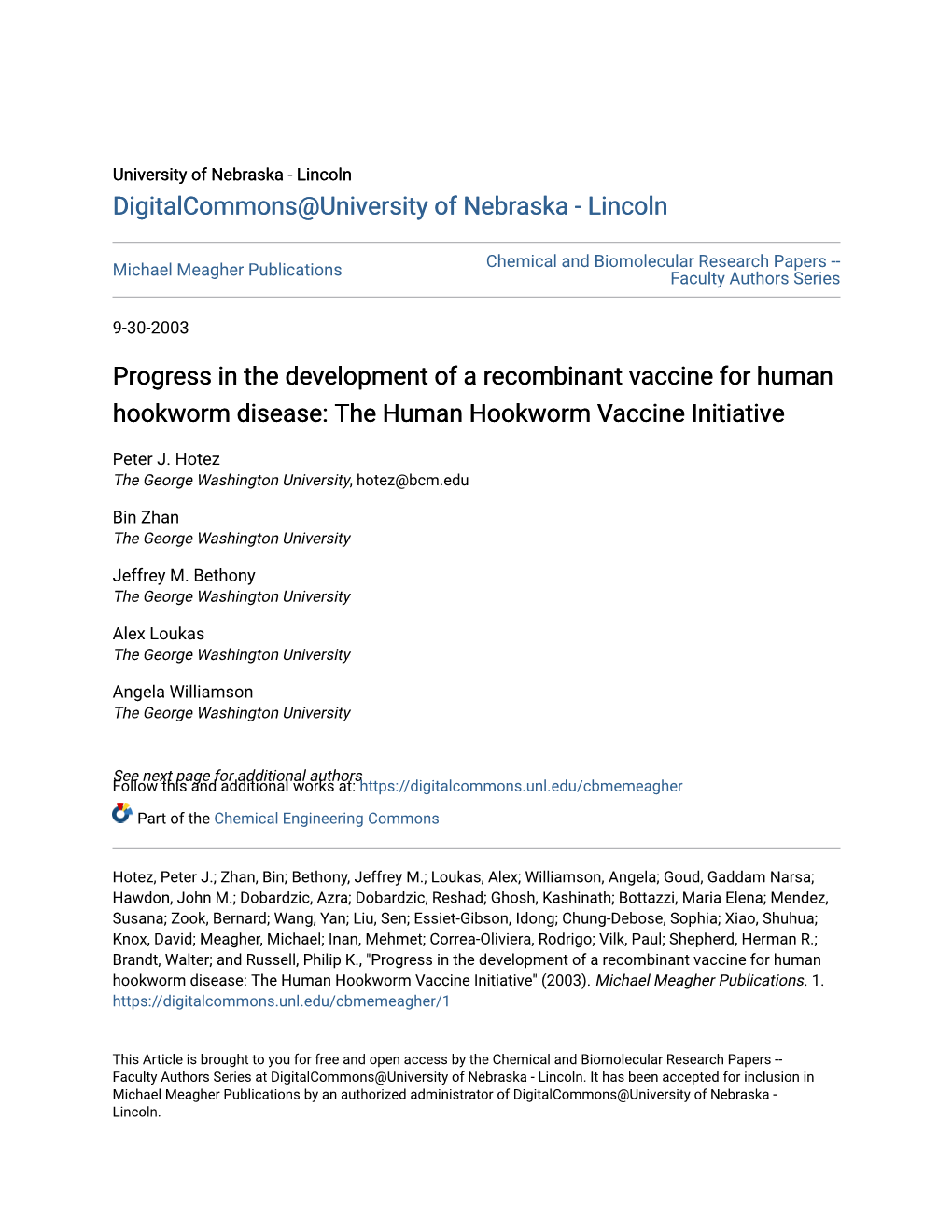 Progress in the Development of a Recombinant Vaccine for Human Hookworm Disease: the Human Hookworm Vaccine Initiative