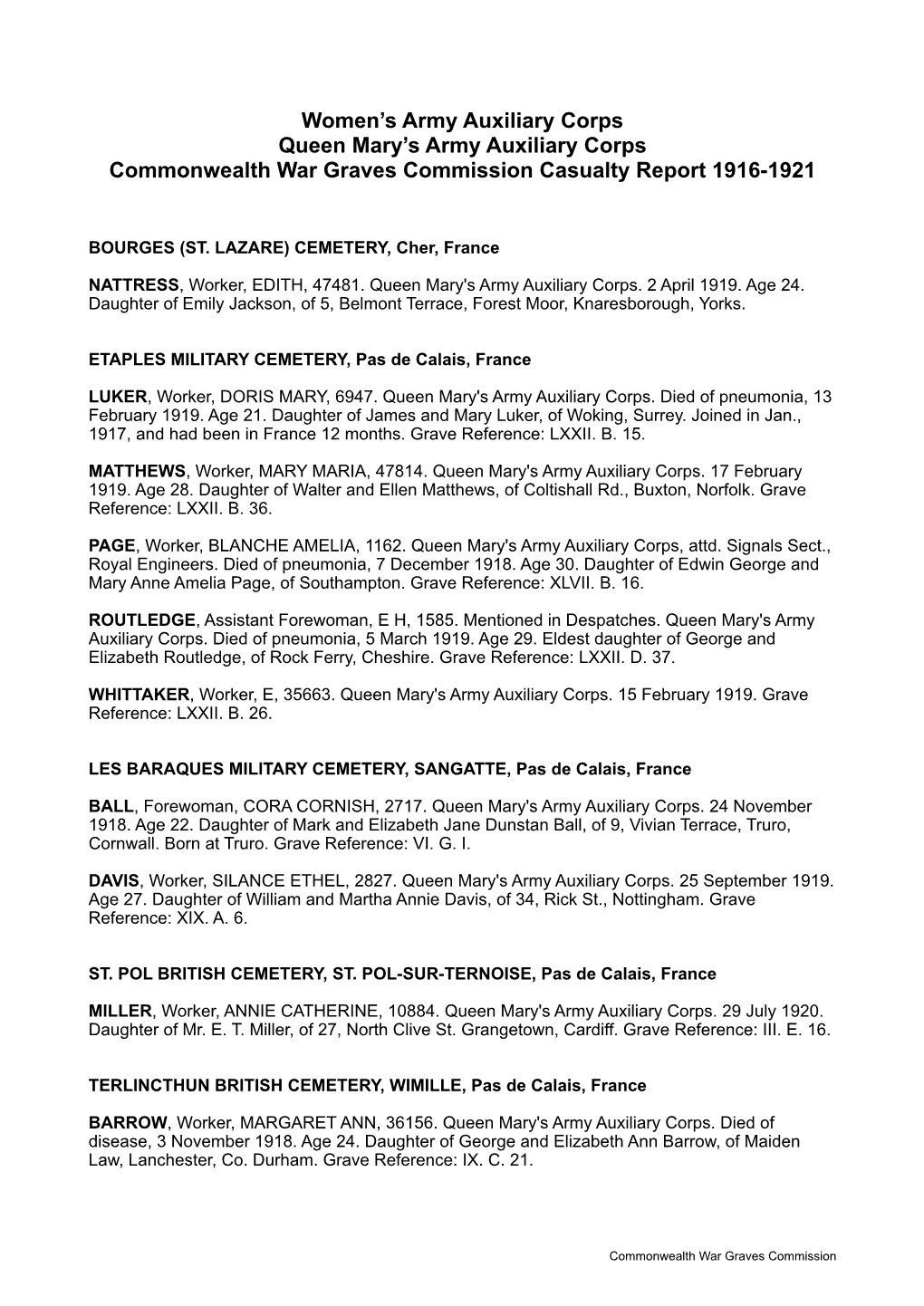 Women's Army Auxiliary Corps Queen Mary's Army Auxiliary Corps Commonwealth War Graves Commission Casualty Report 1916-1921