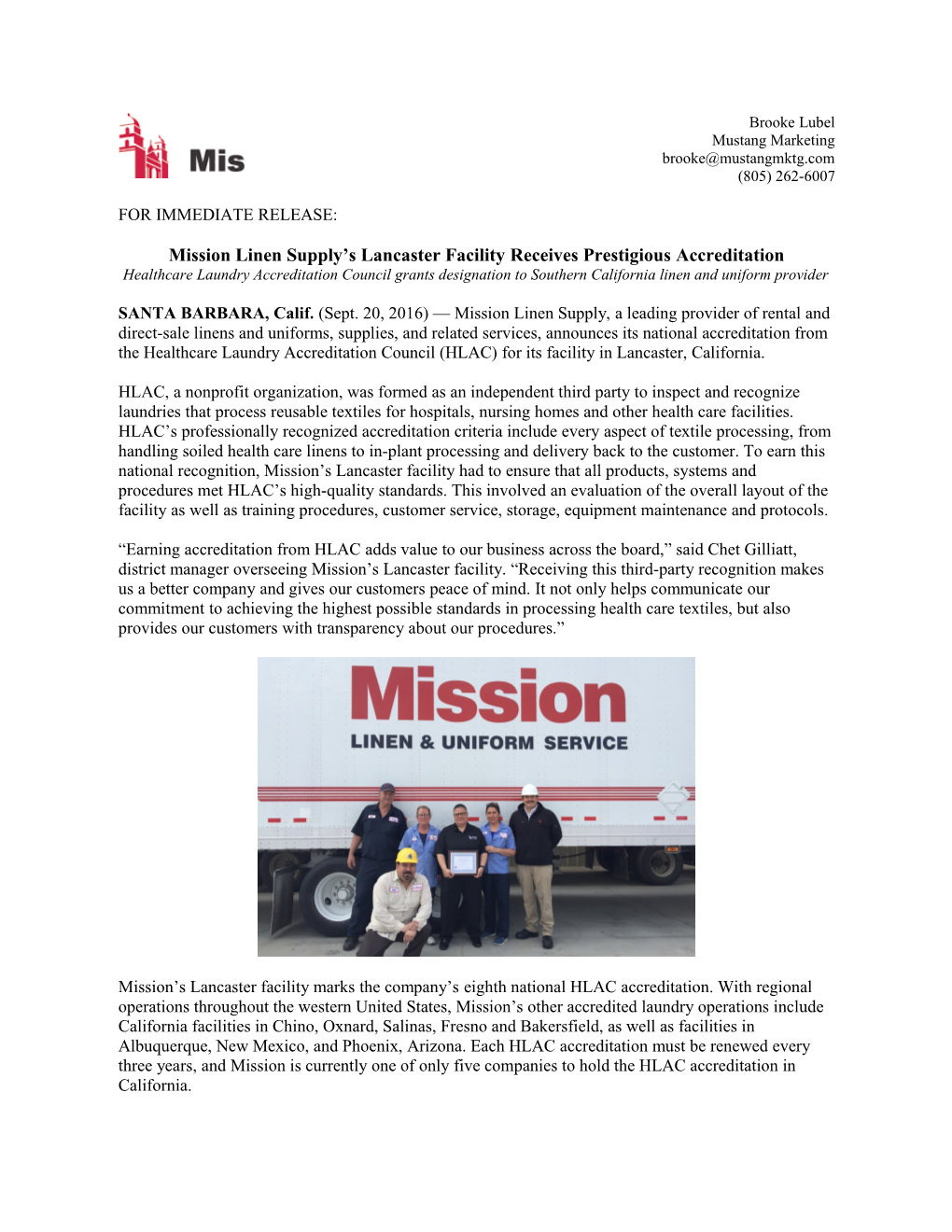 Mission Linen Supply S Lancaster Facility Receives Prestigious Accreditation s1