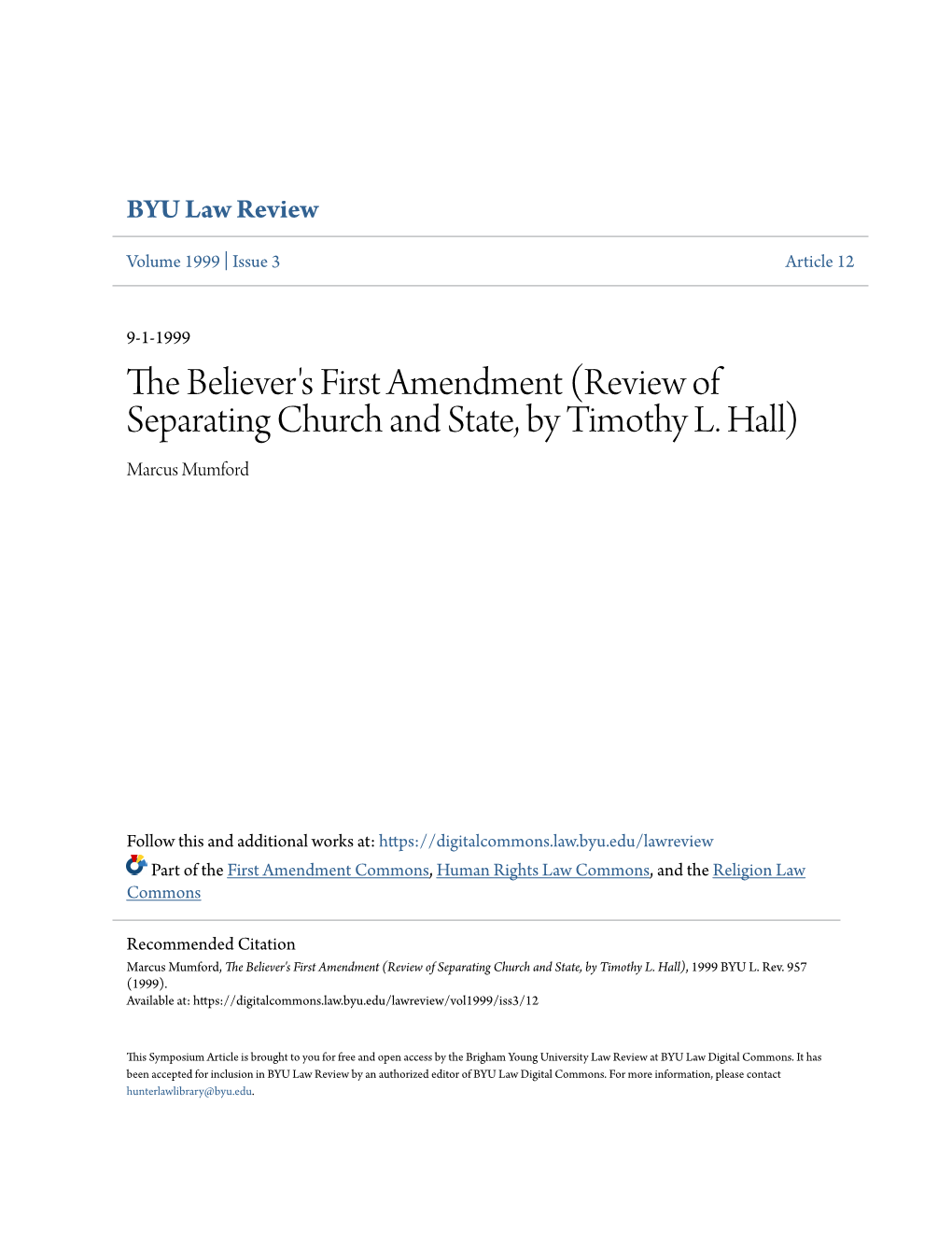 The Believer's First Amendment (Review of Separating Church and State, by Timothy L