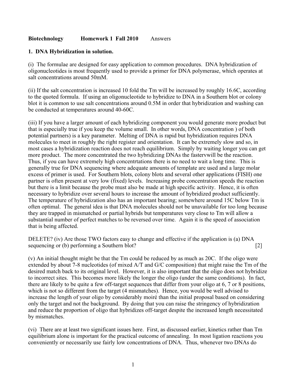 Biotechnology Homework 1 Fall 2010 Answers