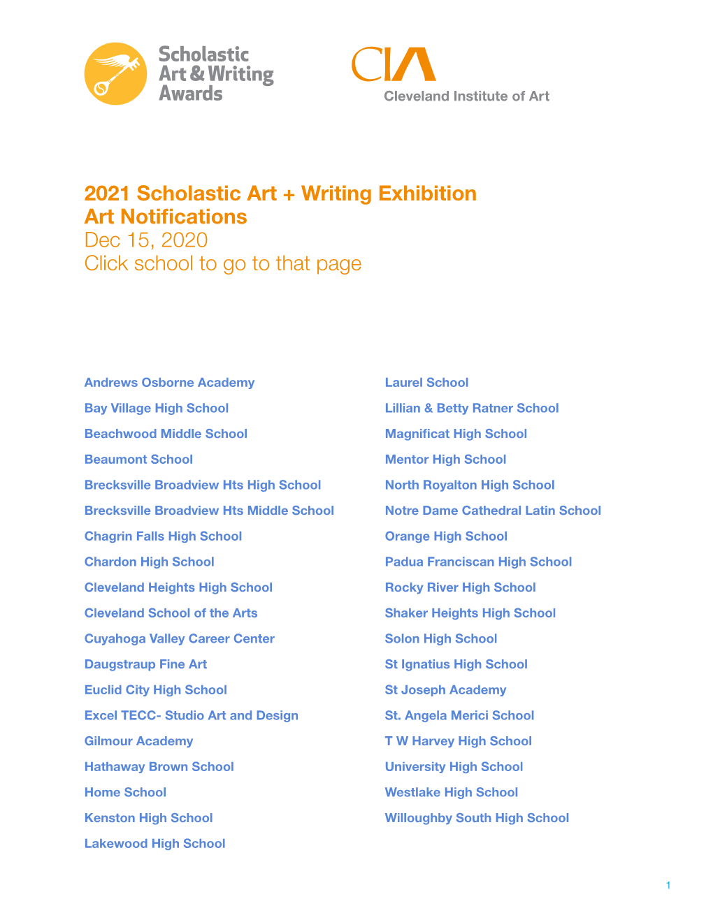 2021 Scholastic Art + Writing Exhibition Art Notifications Dec 15, 2020 Click School to Go to That Page