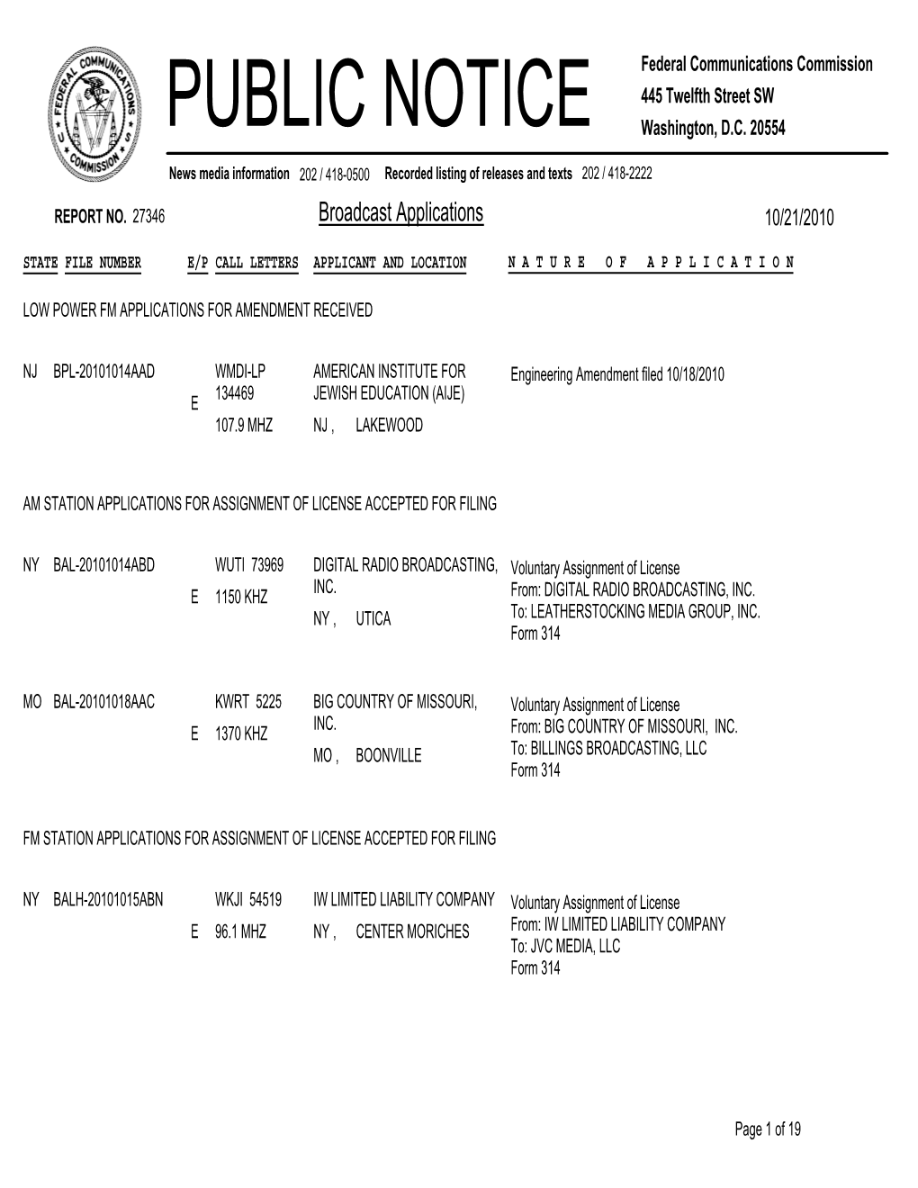 Broadcast Applications 10/21/2010