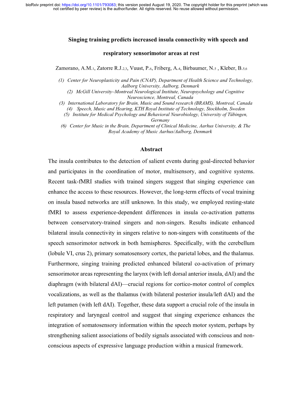 Singing Training Predicts Increased Insula Connectivity with Speech And